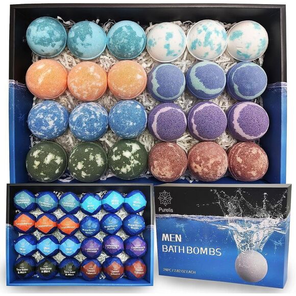 Natural Bath Bombs for Men. 24-Pack Shea Butter Bath Balls. Organic Moisturizin